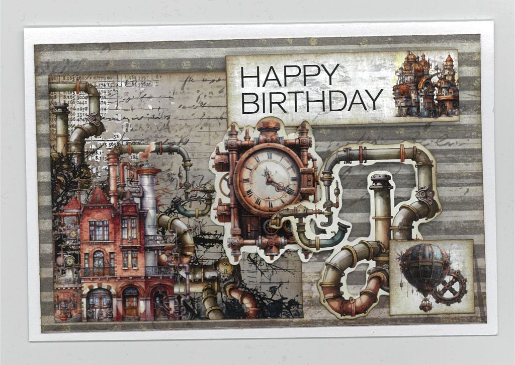 Rustic Tinkerer card sample with antique-inspired patterns and natural textures, perfect for scrapbooking and personalised cards.