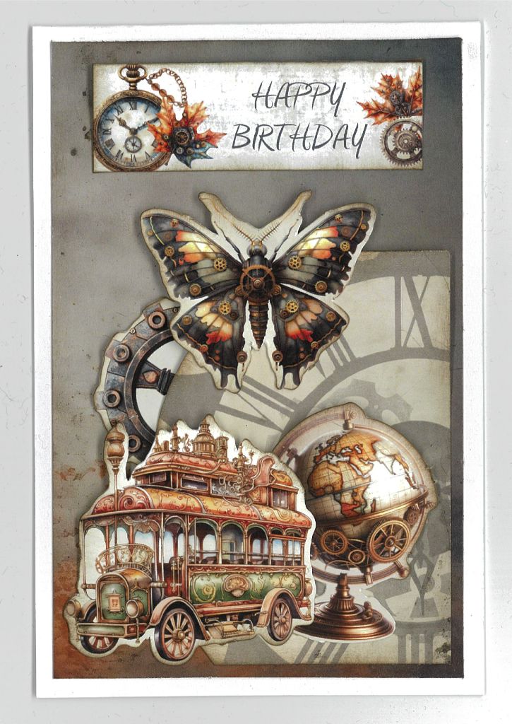 Rustic Tinkerer handmade card example highlighting vintage motifs, layered elements, and warm earthy hues.