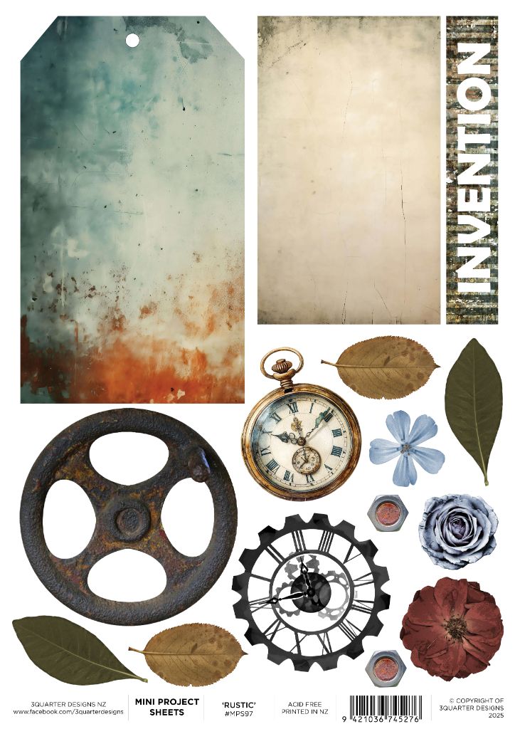 Rustic Tinkerer mini project sheet featuring tags, cogs, flowers and leaves for creating tags, cards and scrapbook layouts.