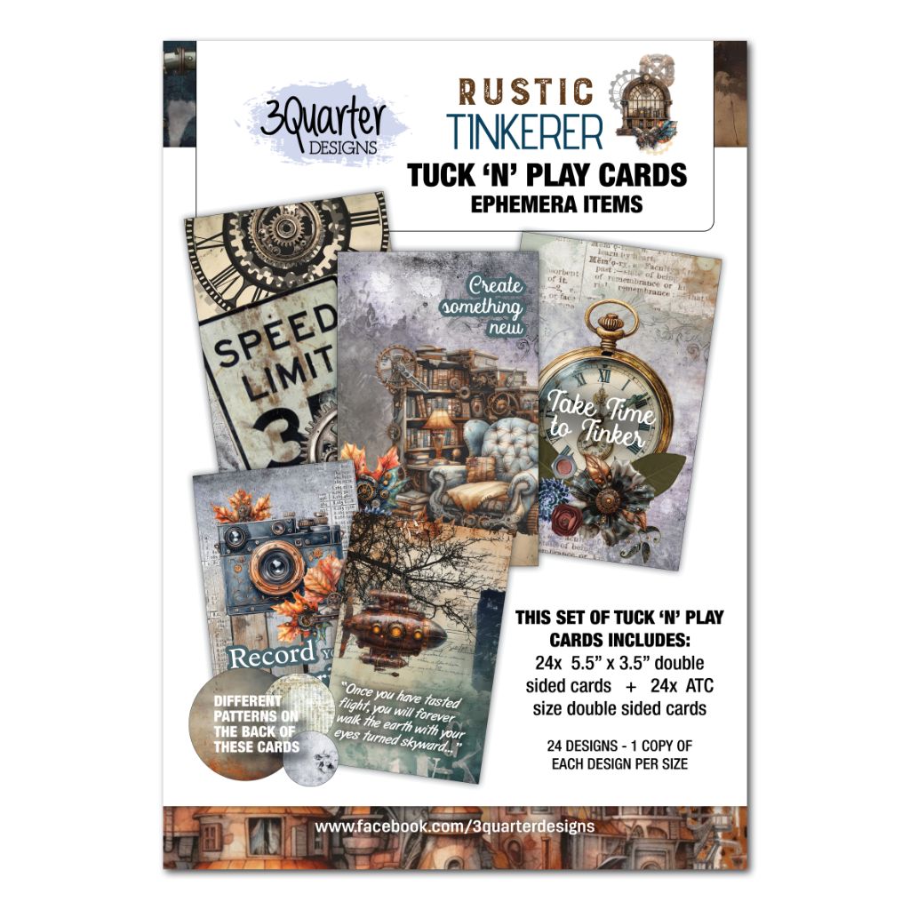Rustic Tinkerer Tuck ‘n’ Play kit cover featuring interactive elements and vintage-inspired paper designs.