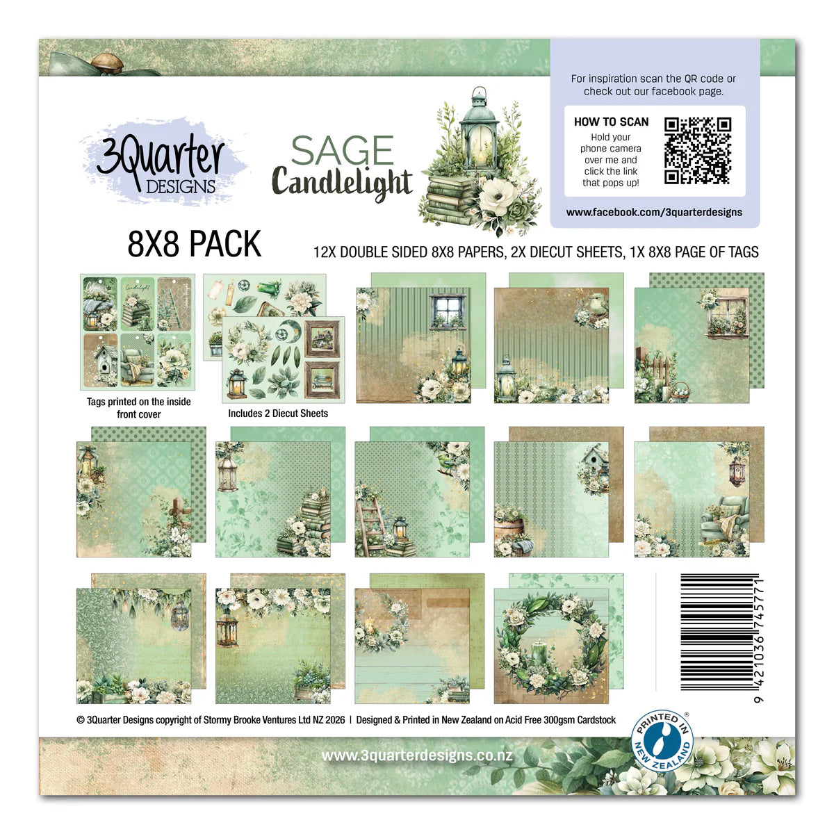 3Quarter Designs Sage Candlelight 8x8 Paper Pack cover showing collection contents including 12 double-sided papers, 2 die-cut sheets and page of tags featuring vintage lanterns, books, florals and rustic elements in soft sage green tones