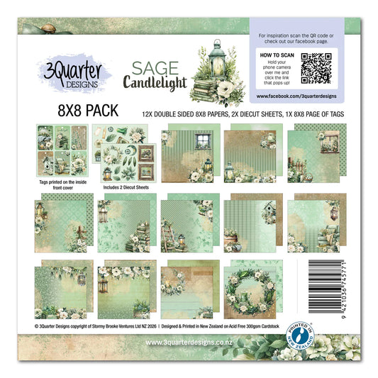 3Quarter Designs Sage Candlelight 8x8 Paper Pack cover showing collection contents including 12 double-sided papers, 2 die-cut sheets and page of tags featuring vintage lanterns, books, florals and rustic elements in soft sage green tones
