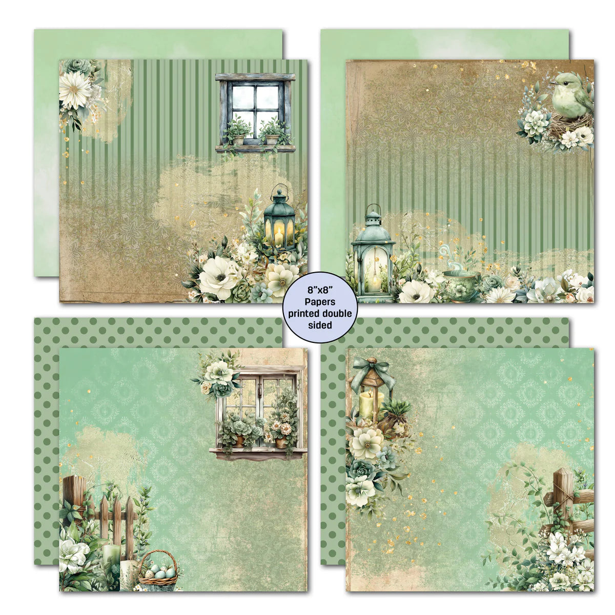 Four double-sided 8x8 papers from Sage Candlelight Paper Pack showing vintage window with potted plants and lantern, bird with florals on weathered background, coordinating with sage polka dots and damask patterns on reverse