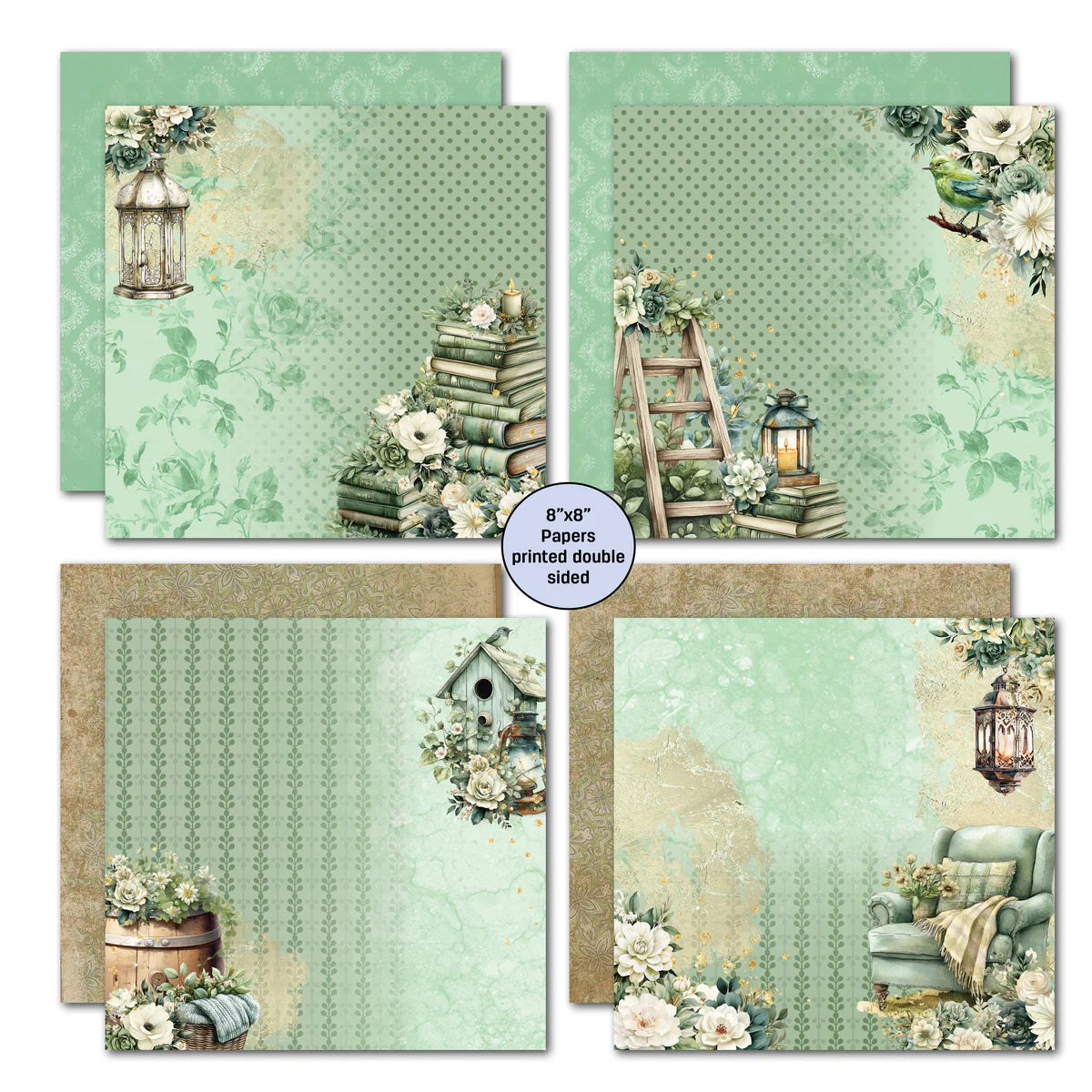 Four double-sided 8x8 papers from Sage Candlelight Paper Pack featuring stacked books with lantern and florals, cosy reading ladder scene, birdhouse with blossoms, and sage armchair, with coordinating sage patterns on reverse