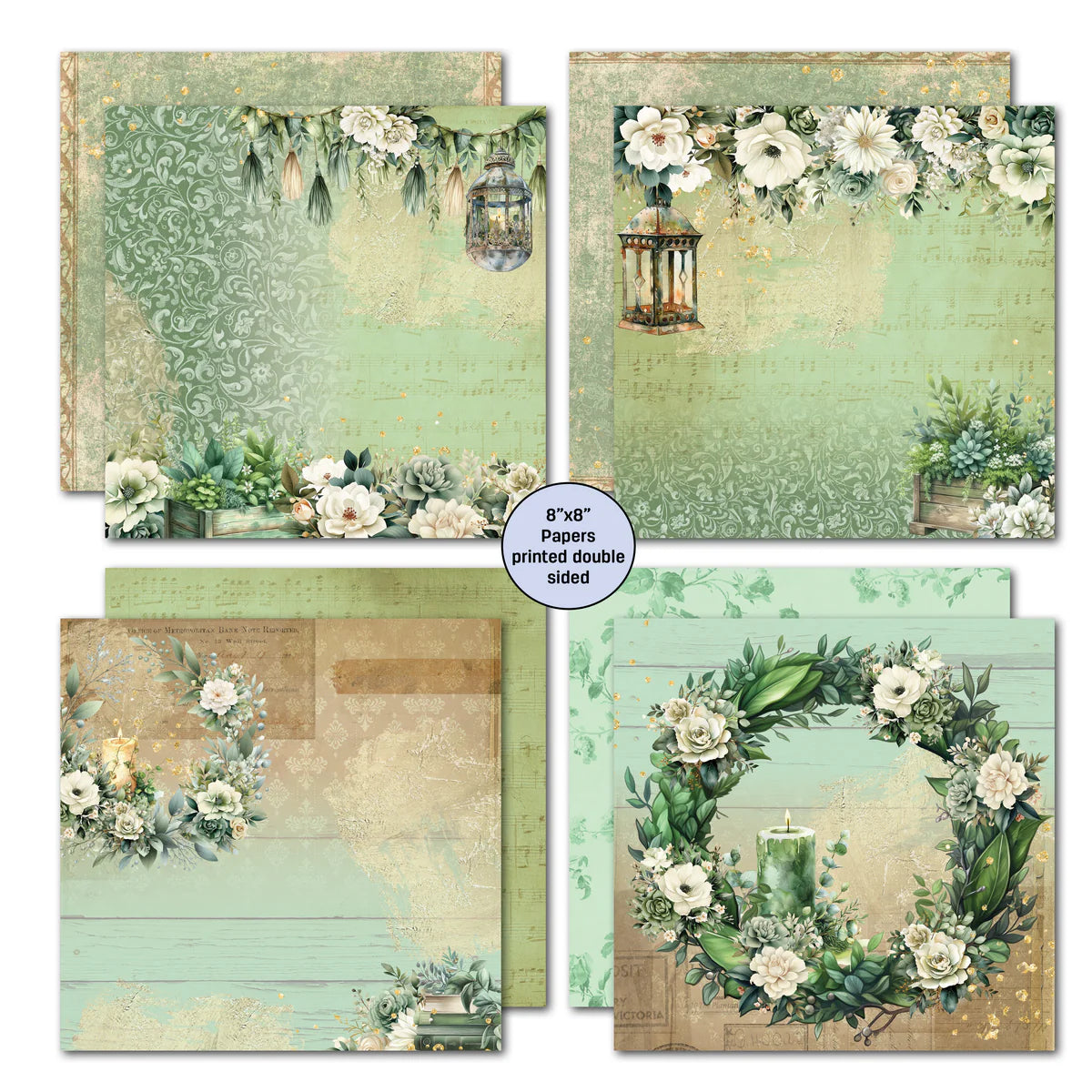 Four double-sided 8x8 papers from Sage Candlelight Paper Pack showing hanging lanterns with floral swags, candlelit wreath with florals, weathered wood with botanicals, and vintage music sheet backgrounds with coordinating sage patterns