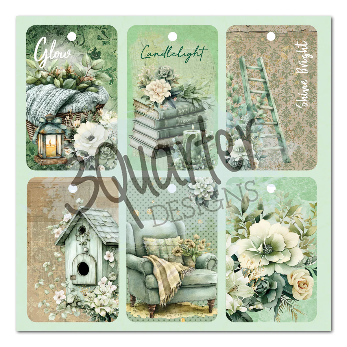Six decorative tags from Sage Candlelight 8x8 Paper Pack featuring Glow text with cosy elements, Candlelight with stacked books, Time to Shine ladder design, birdhouse with blossoms, sage armchair, and white floral bouquet in sage and neutral tones