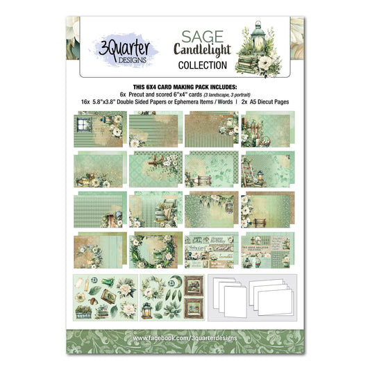 3Quarter Designs Sage Candlelight 6x4 Card Making Kit cover showing 6 example cards featuring vintage birdhouse, candlelit lanterns, inspirational quotes, stacked books and floral arrangements in soft sage green and neutral tones