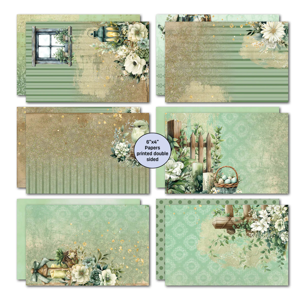 Six double-sided 5.8x3.8 inch papers from Sage Candlelight Card Kit showing vintage window with florals, bird on weathered background, basket with eggs, sage stripes, damask and polka dot patterns on reverse