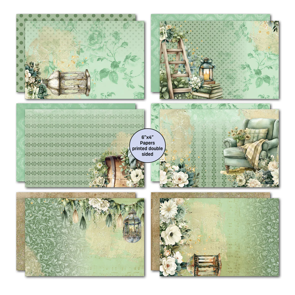 Six double-sided 5.8x3.8 inch papers from Sage Candlelight Card Kit featuring vintage ladder with books and lantern, sage armchair with throw, hanging lanterns with florals, candlelit wreath and coordinating sage patterns on reverse