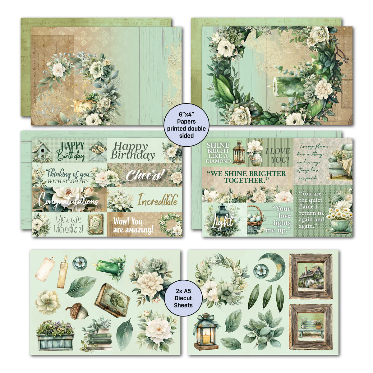 Two double-sided 6x4 inch papers with floral wreaths, two sentiment sheets with Happy Birthday, Congratulations, Incredible, Shine Brighter Together and inspirational quotes, plus 2 A5 die-cut sheets with candles, florals, leaves, vintage frames and embellishments in sage green tones