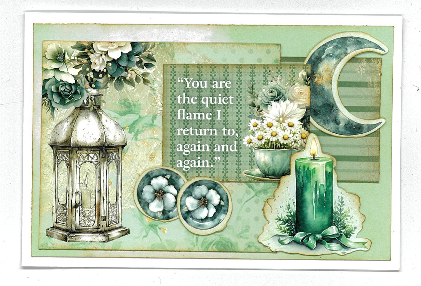 Handmade card using 3Quarter Designs Sage Candlelight 6x4 Card Making Kit featuring a silver ornate lantern, green pillar candle, crescent moon die-cut, daisy florals, and the sentiment "You are the quiet flame I return to, again and again"