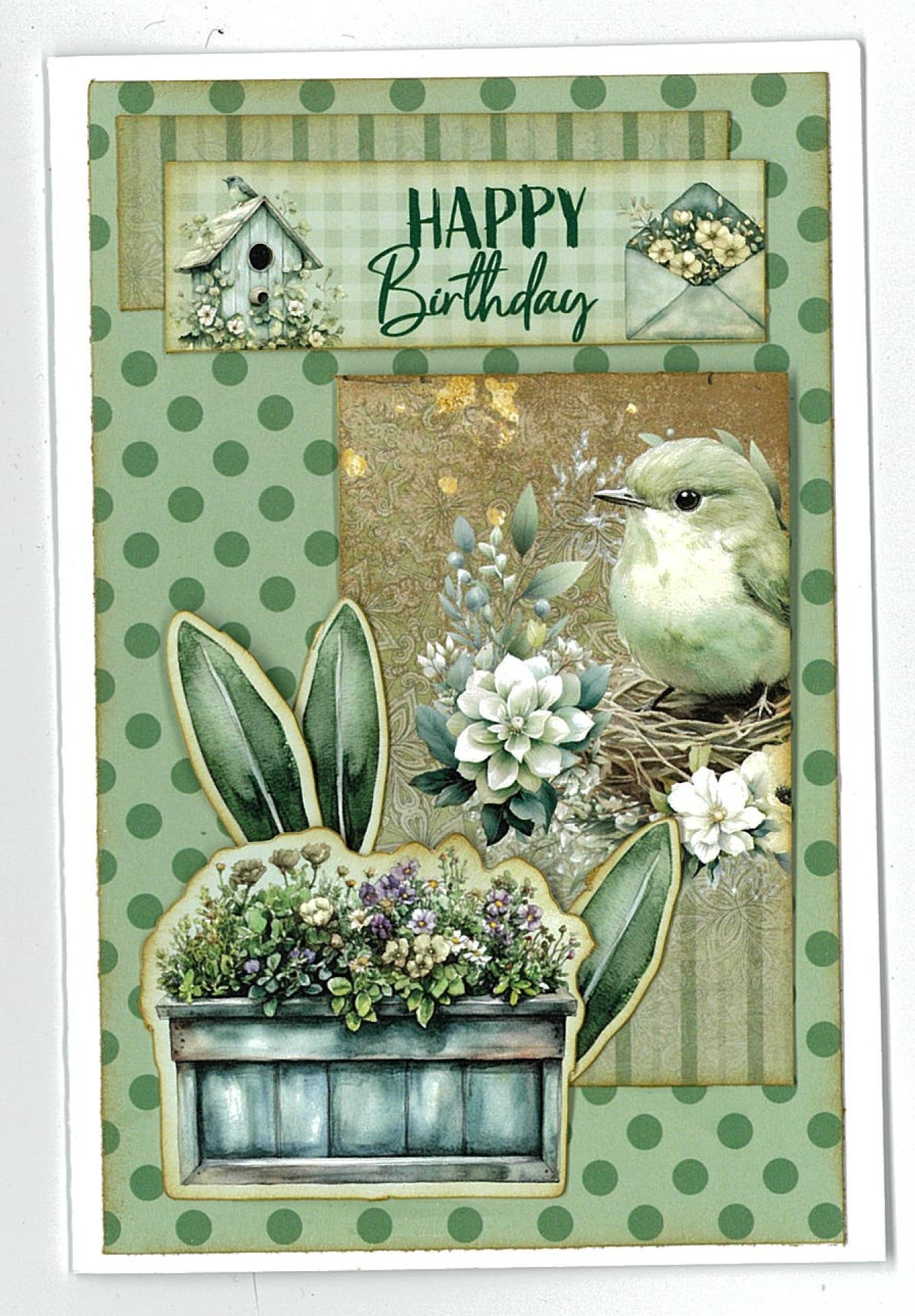 Handmade birthday card using 3Quarter Designs Sage Candlelight 6x4 Card Making Kit featuring a bird in a floral nest, birdhouse and envelope die-cuts, a vintage planter box with succulents, and a "Happy Birthday" sentiment on sage green polka dot paper