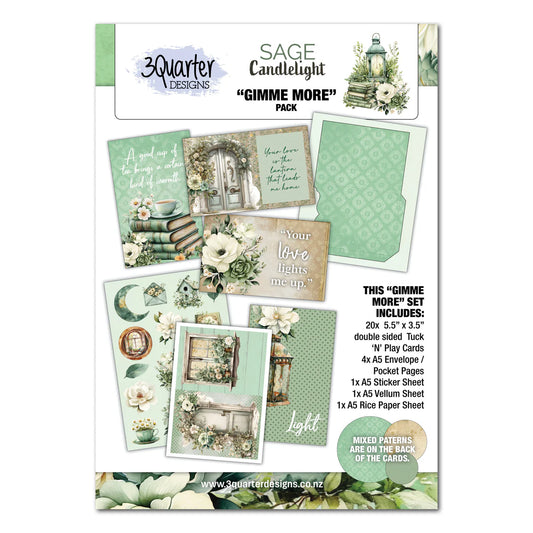 3Quarter Designs Sage Candlelight Gimme More Pack cover showing product contents including Tuck 'N' Play cards, envelope pages, sticker sheet, vellum sheet and rice paper sheet in soft sage green tones