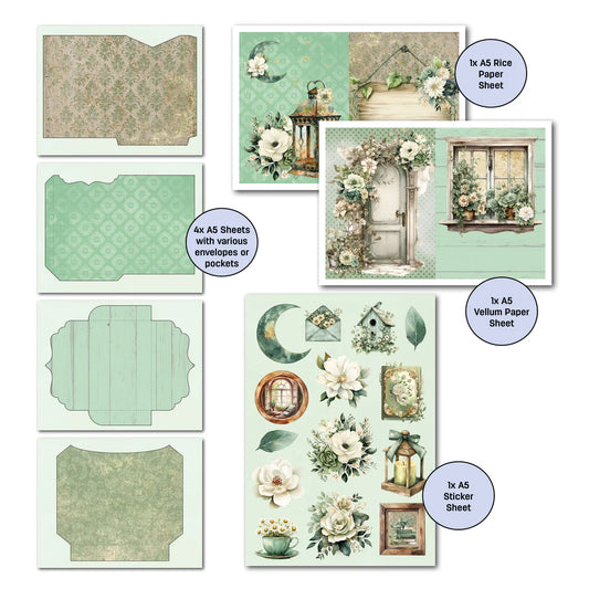 Close-up of 3Quarter Designs Sage Candlelight Gimme More Pack extras showing A5 sticker sheet with vintage elements, A5 vellum sheet, A5 rice paper sheet, and four decorative envelope pages to cut out in sage and neutral tones