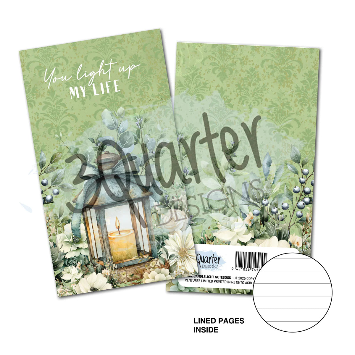 3Quarter Designs Sage Candlelight mini notebook featuring soft sage green damask background with watercolour florals, glowing lantern, and 'You light up my life' text, showing lined pages inside