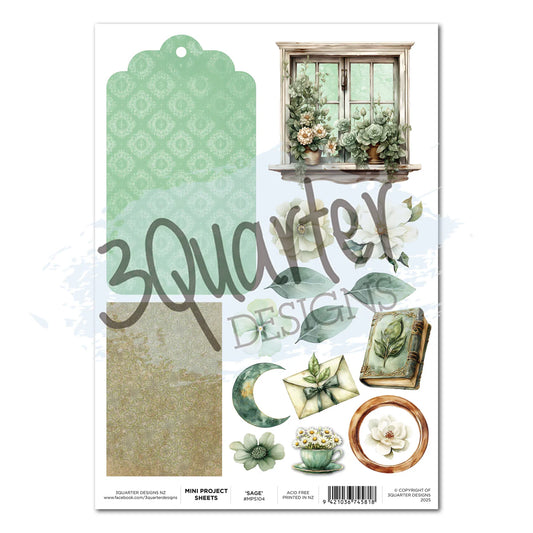3Quarter Designs Sage Candlelight Mini Project Sheet A4 featuring cut-apart elements including large decorative tag with damask pattern, vintage window with succulents, crescent moon, envelope, vintage book, teacup, white florals and botanical leaves in soft sage green and neutral tones