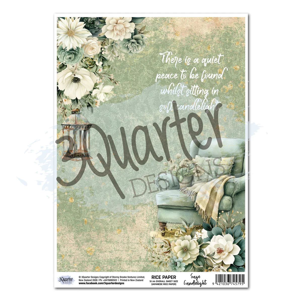 3Quarter Designs Sage Candlelight A4 rice paper featuring peaceful scene with sage green armchair with throw blanket, vintage candlelit lantern, watercolour floral corners in white and sage, and inspirational quote about quiet peace and candlelight