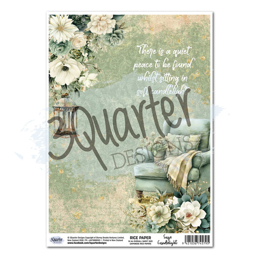 3Quarter Designs Sage Candlelight A4 rice paper featuring peaceful scene with sage green armchair with throw blanket, vintage candlelit lantern, watercolour floral corners in white and sage, and inspirational quote about quiet peace and candlelight