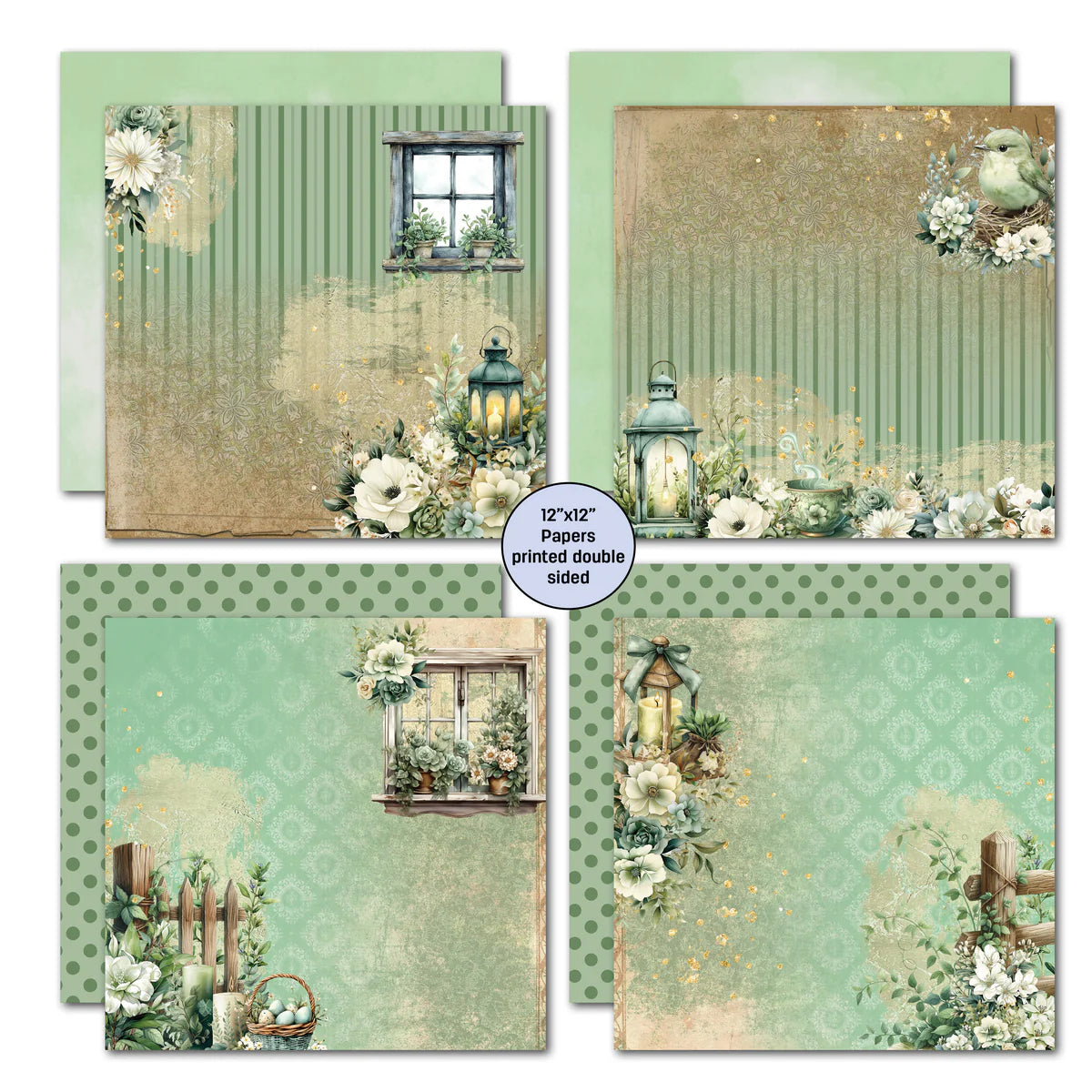 Four double-sided 12x12 papers from Sage Candlelight collection showing vintage window with potted plants and lantern, bird with florals on weathered wood, coordinating with sage polka dots and damask patterns on reverse
