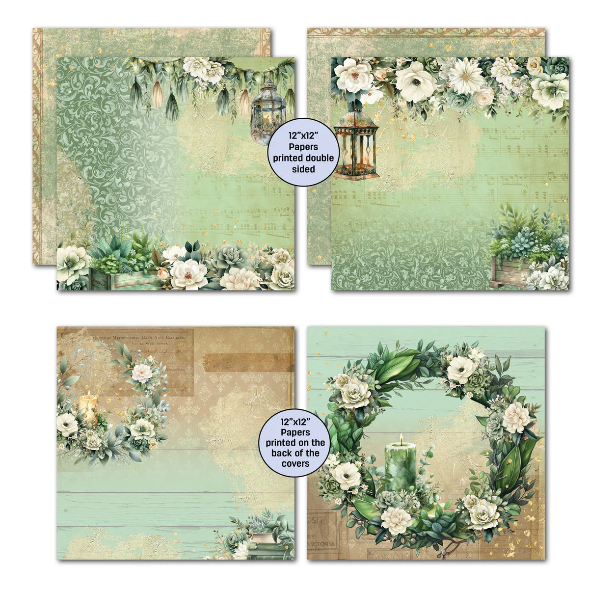 Four double-sided 12x12 papers from Sage Candlelight collection showing hanging lanterns with floral swags, candlelit wreath with florals, weathered wood with botanicals, plus 2 bonus papers printed on back of covers featuring floral wreath, candle and florals