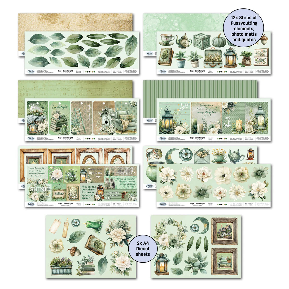 Twelve off-cut strips from Sage Candlelight collection including fussy-cutting elements with leaves, teacups, lanterns and botanicals, photo mat strips with journaling tags and inspirational quotes, sentiment strips with Believe, Shine and inspirational text, vintage frames, and 2 A4 die-cut sheets with candles, florals, books, leaves and embellishments in sage green tones