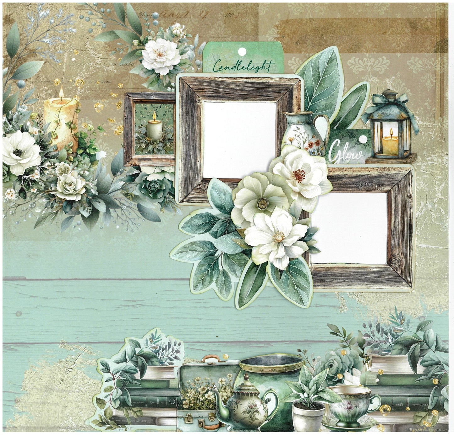 12x12 scrapbook layout using 3Quarter Designs Sage Candlelight Collection Kit with layered rustic timber photo frames, a "Candlelight" journalling tag, "Glow" word die-cut, vintage lantern, white magnolia cluster, and a bottom border of stacked books, teapot, and sage green teacups on damask and shiplap papers