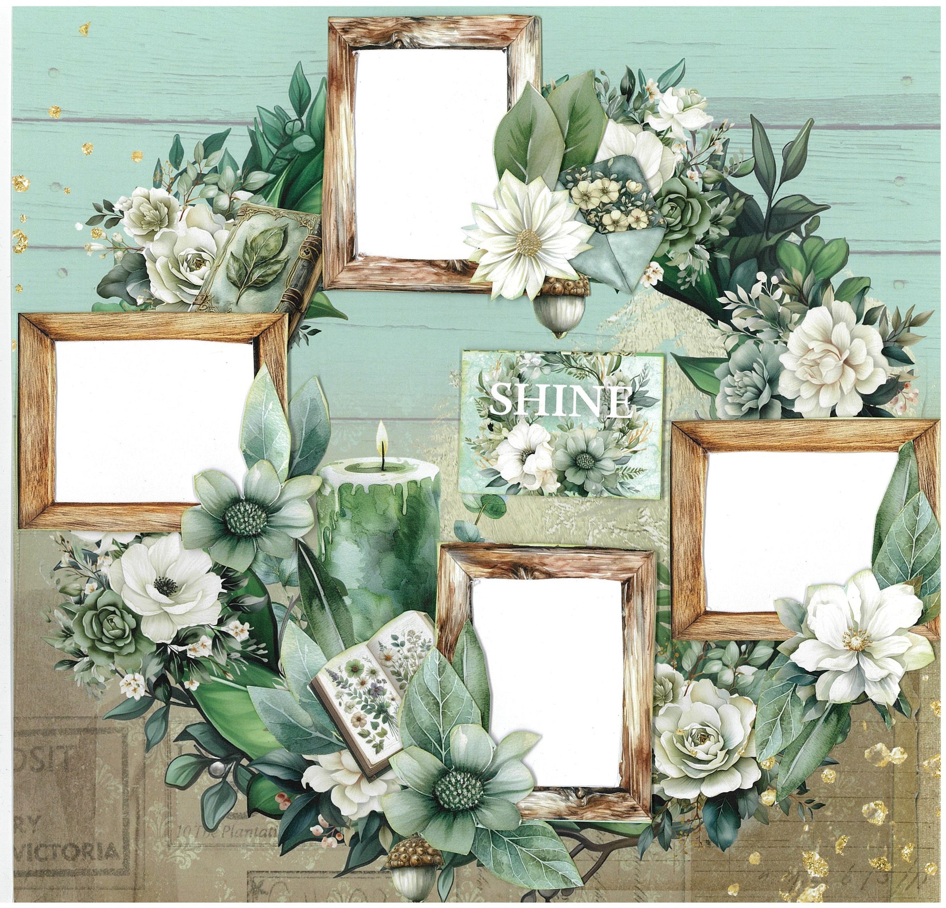 12x12 scrapbook layout using 3Quarter Designs Sage Candlelight Collection Kit with five rustic timber photo frames arranged in a wreath of white magnolias, anemones, and greenery, a dripping green pillar candle, "Shine" sentiment tile, vintage botanical book, and acorn die-cut on sage shiplap and aged postcard papers