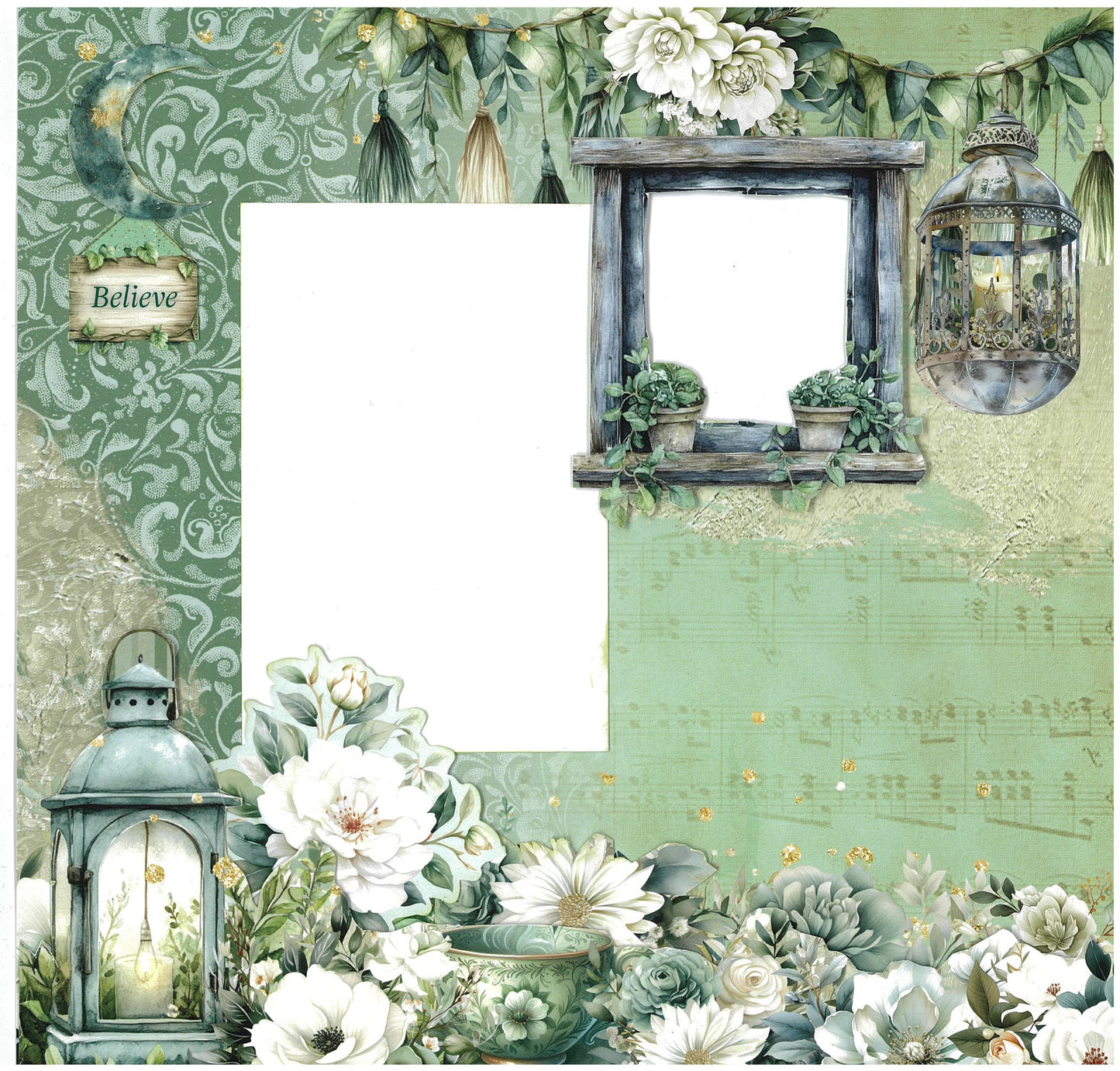 12x12 scrapbook layout using 3Quarter Designs Sage Candlelight Collection Kit with a "Believe" timber sign, rustic window with potted succulents, ornate hanging lantern, decorative tassels, sage music sheet paper, and a lush border of white anemones, roses, and magnolias on damask and aged texture papers