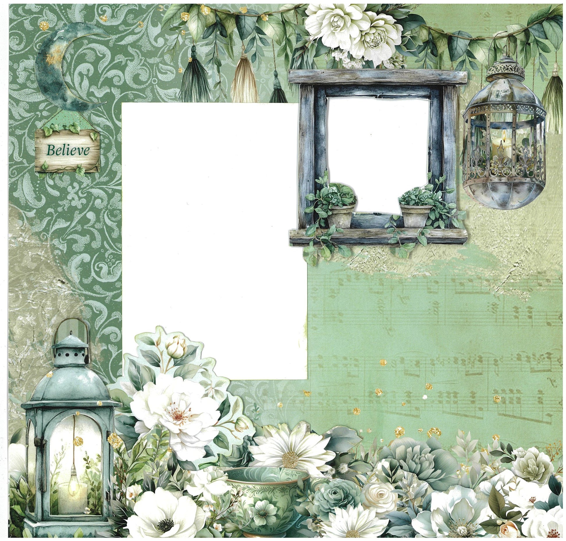 12x12 scrapbook layout using 3Quarter Designs Sage Candlelight Collection Kit with a "Believe" timber sign, rustic window with potted succulents, ornate hanging lantern, decorative tassels, sage music sheet paper, and a lush border of white anemones, roses, and magnolias on damask and aged texture papers