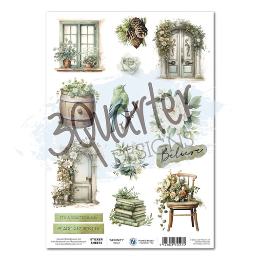 3Quarter Designs Sage Candlelight A4 sticker sheet featuring vintage rustic elements including weathered sage green doors, botanical florals, pine cones, stacked books, and inspirational word art in soft sage and neutral tones