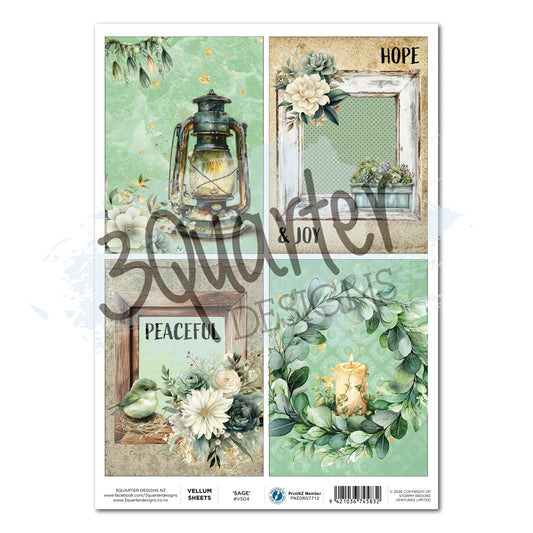3Quarter Designs Sage Candlelight A4 vellum sheet with four translucent panels featuring vintage lantern, Hope & Joy frame with florals, Peaceful text with botanicals, and candlelit eucalyptus wreath in soft sage green tones