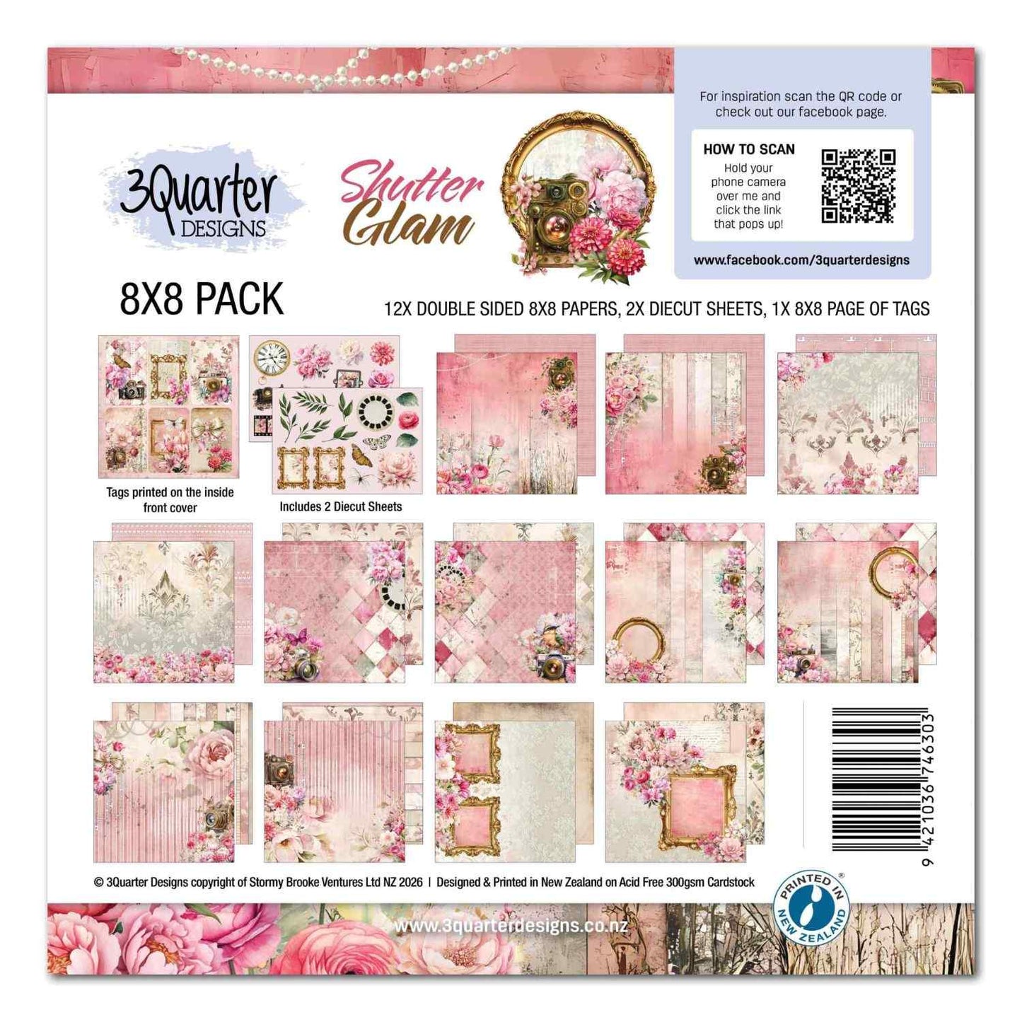 3Quarter Designs Shutter Glam 8x8 Paper Pack front cover showing all paper designs, die cut sheets and tag page contents