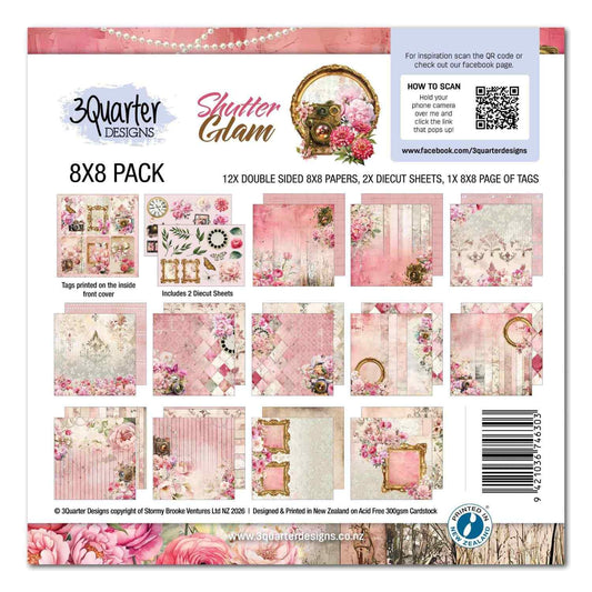3Quarter Designs Shutter Glam 8x8 Paper Pack front cover showing all paper designs, die cut sheets and tag page contents