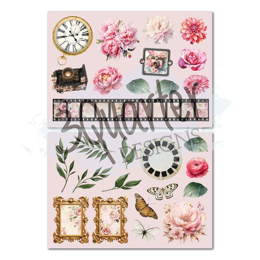 Shutter Glam 2 A5 die cut sheets with clock, cameras, film strip, peonies, dahlias, roses, gerbera, leaves, butterfly, view-finder reel and gold frames