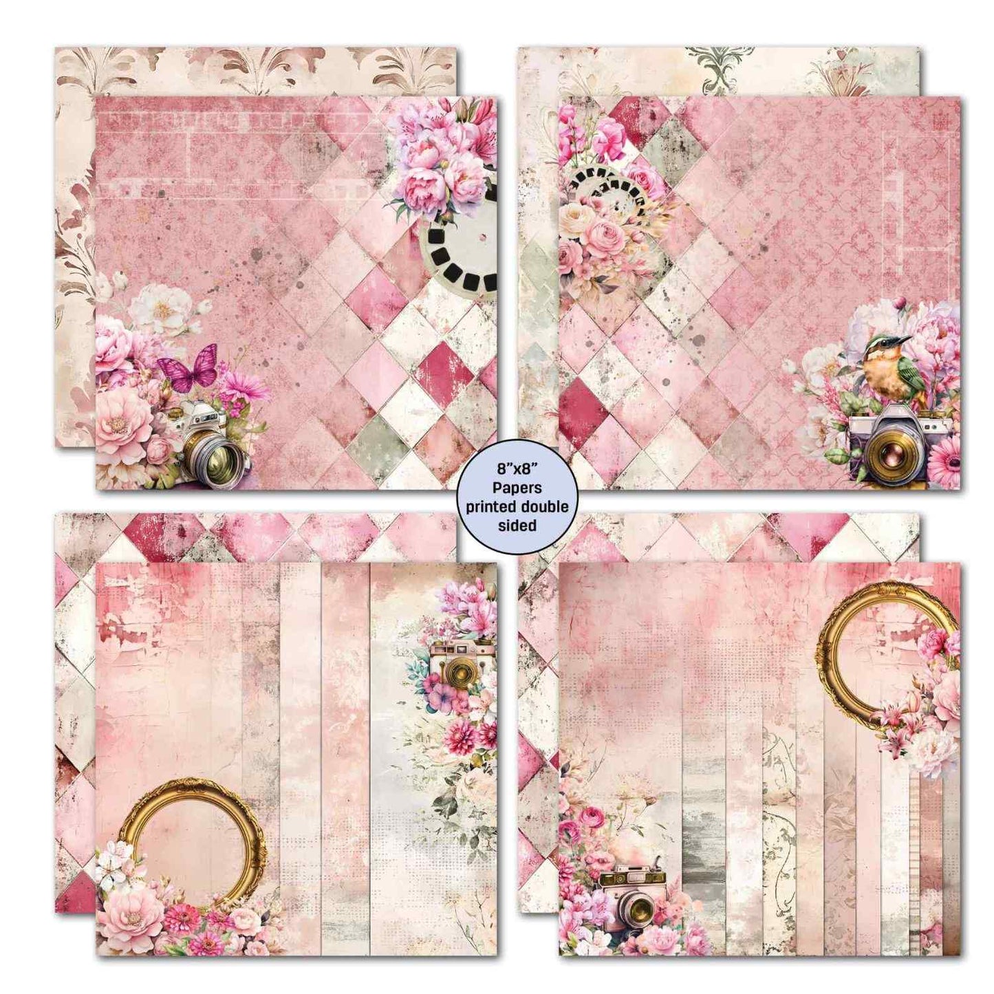Shutter Glam 8x8 double-sided papers showing pink harlequin with hummingbird, pink harlequin with gold oval frame, pink stripe with camera and distressed pink with gold frames