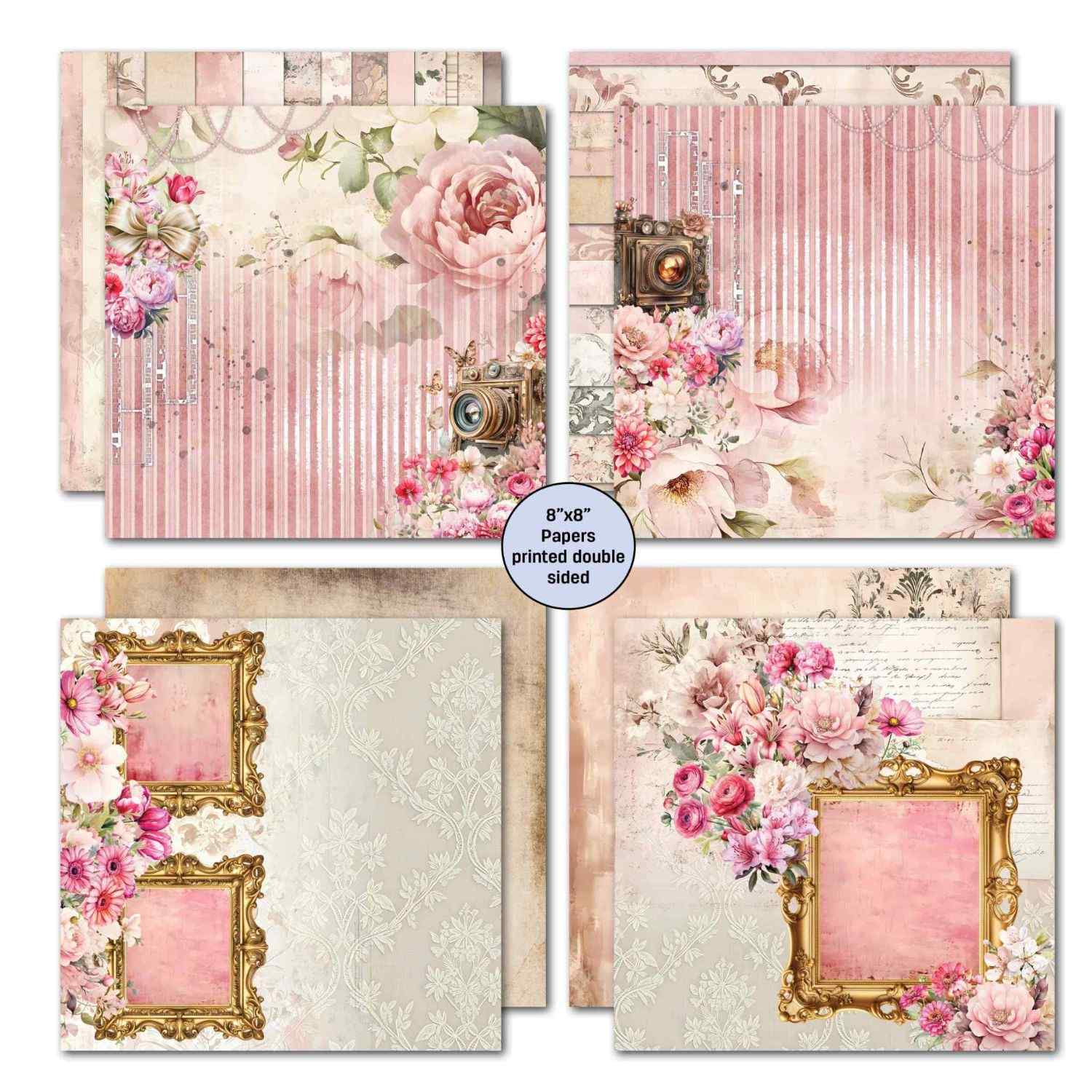 Shutter Glam 8x8 double-sided papers showing blush peony with bow, script journal with gold frame, white damask with gold frames and grey damask with pink florals