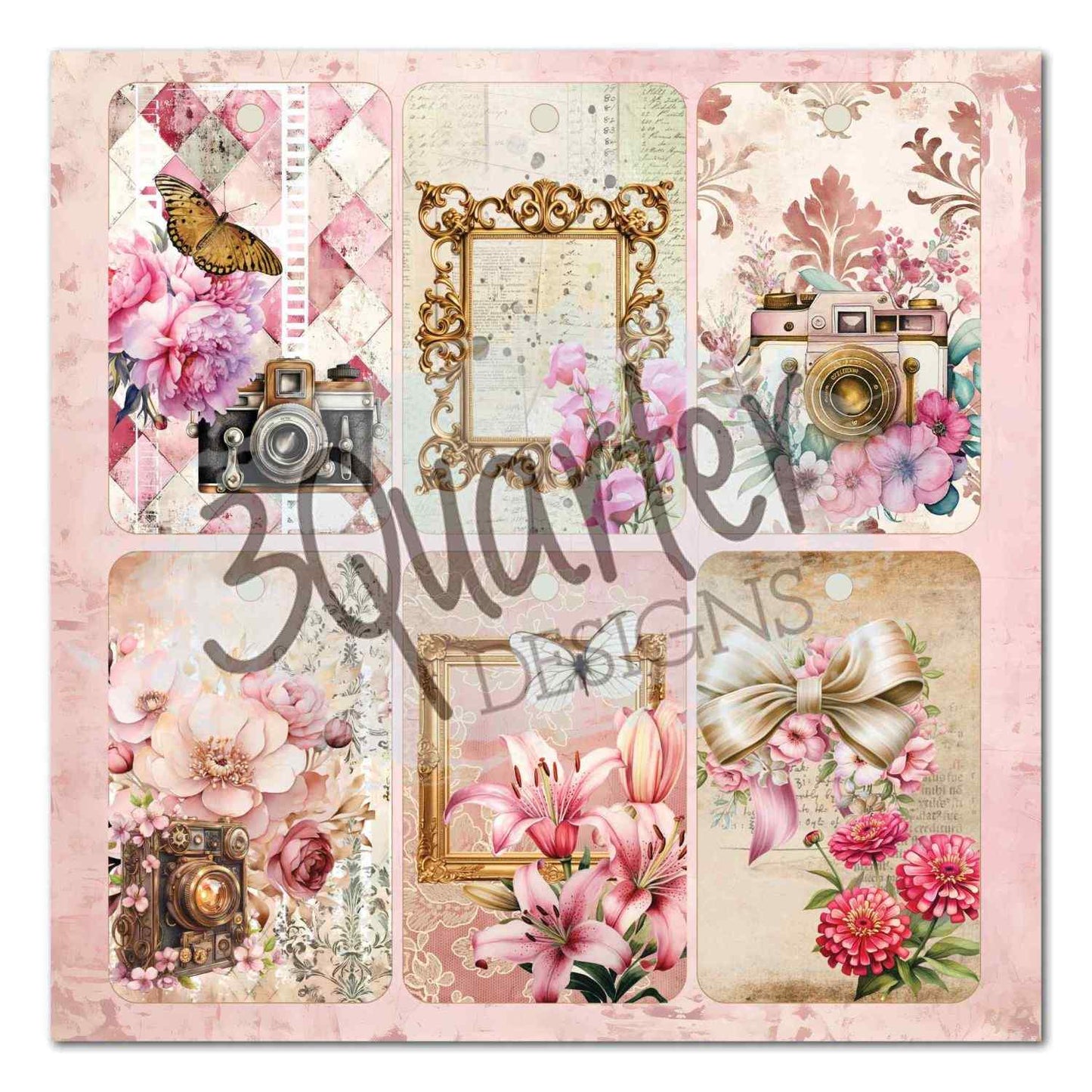  Shutter Glam 8x8 tag page showing 6 tags with butterfly and camera, gold ornate frame, pink damask with camera, florals with camera, lilies and gold bow designs