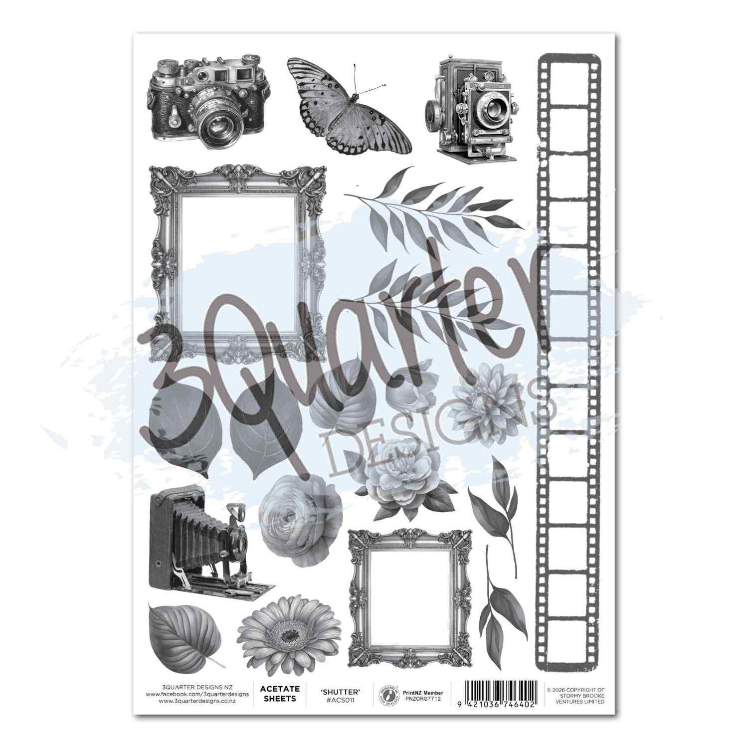 Shutter Glam A4 acetate sheet with greyscale cameras, butterfly, ornate frames, film strips, florals and leaves