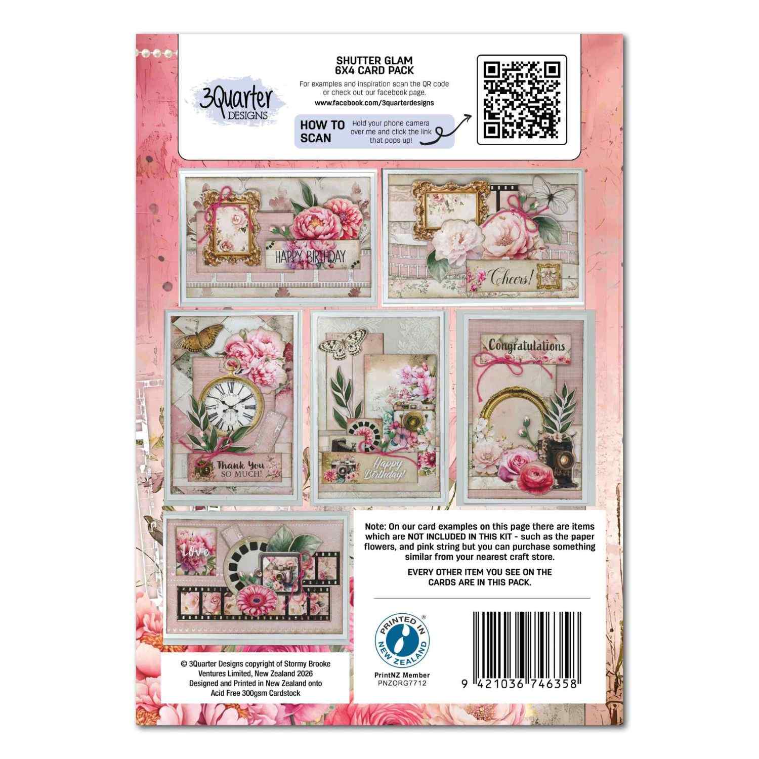 Shutter Glam Card Kit back cover showing 6 example card designs with gold frames, cameras and pink florals