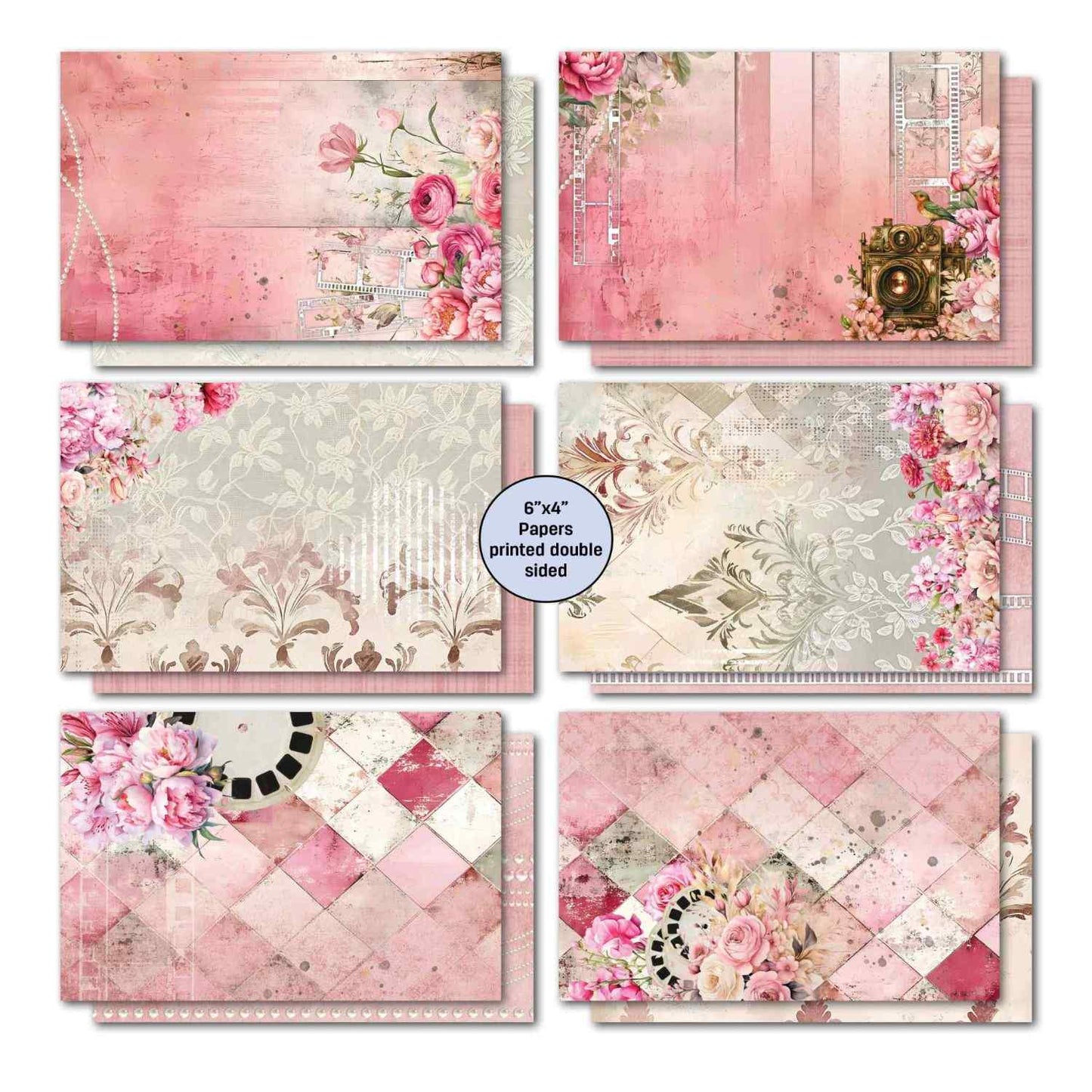 Shutter Glam 6x4 double-sided papers showing distressed pink with florals, pink stripe with camera, grey damask and pink harlequin designs