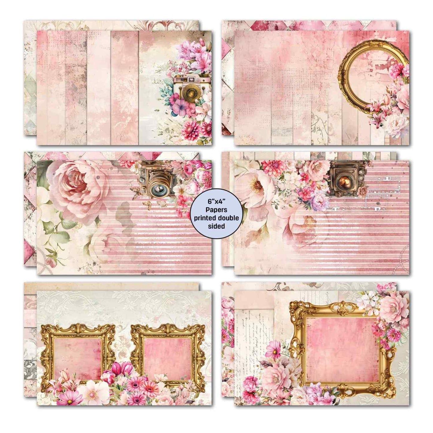 Shutter Glam 6x4 double-sided papers showing pink stripe with cameras, distressed pink with roses, white damask with gold frames and script journal designs