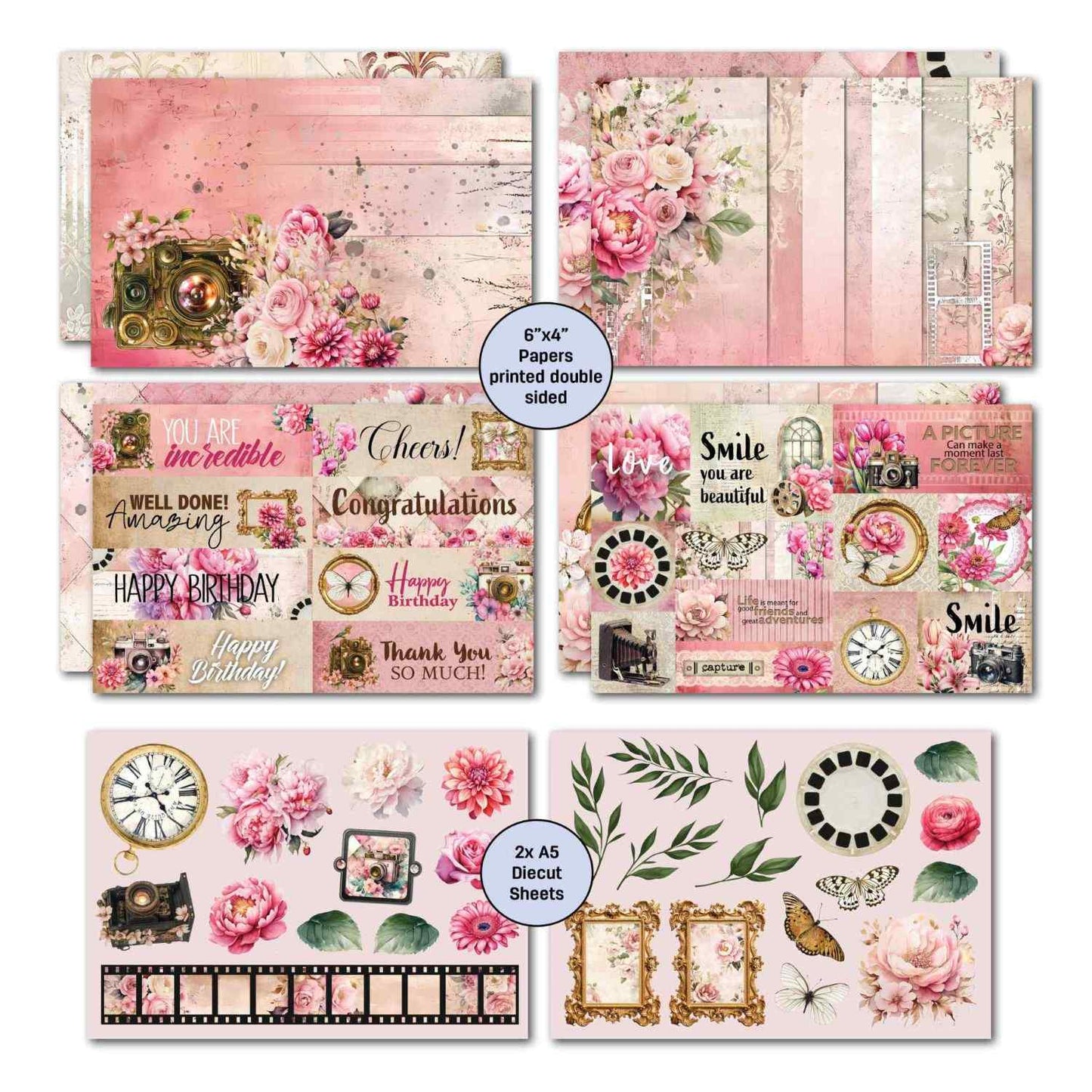 Shutter Glam sentiment tiles, collage ephemera and 2 A5 die cut sheets with clock, camera, film strip, florals, butterfly and gold frames
