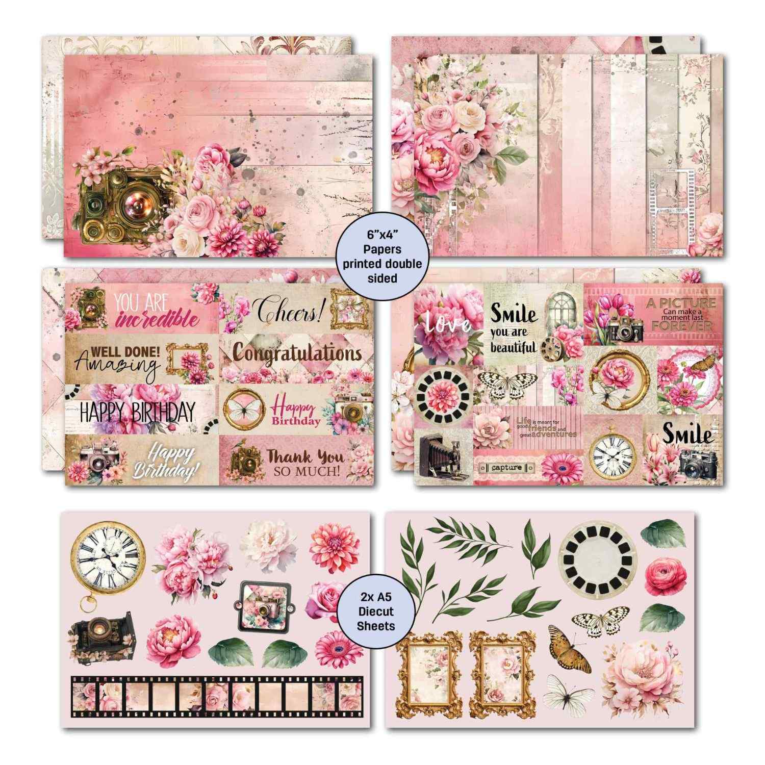 Shutter Glam sentiment tiles, collage ephemera and 2 A5 die cut sheets with clock, camera, film strip, florals, butterfly and gold frames