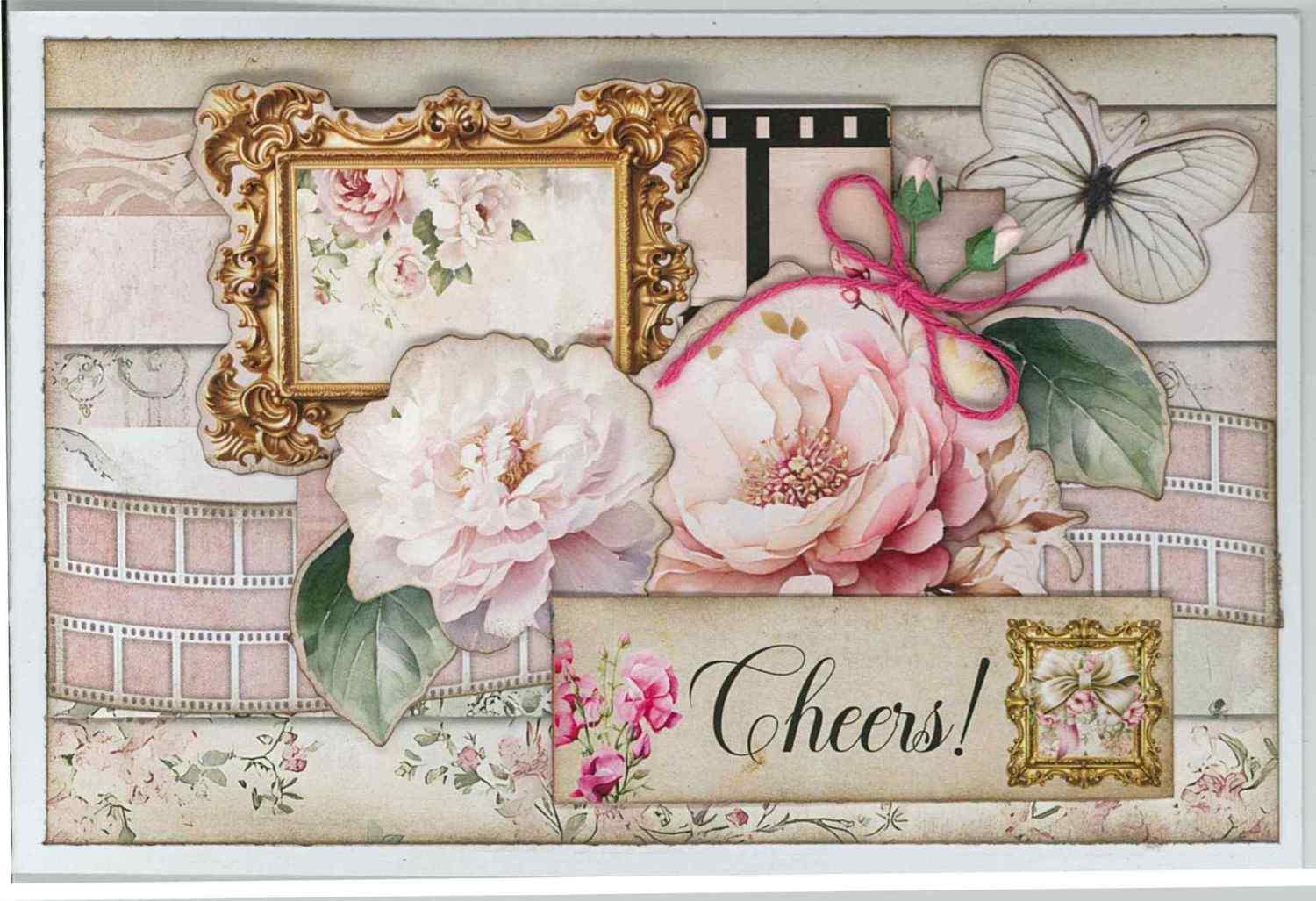  Shutter Glam landscape card with gold ornate frames, film strip, pink peonies, butterfly and Cheers! sentiment