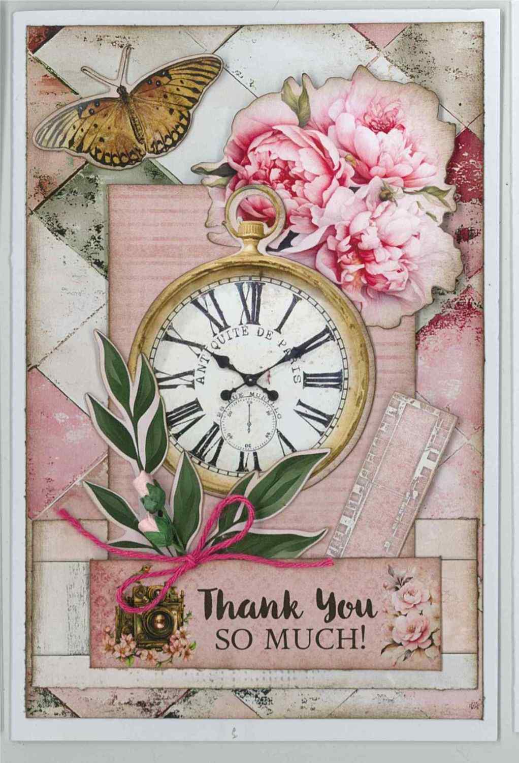 Shutter Glam portrait card with vintage clock, pink peonies, butterfly, green leaves and Thank You So Much sentiment
