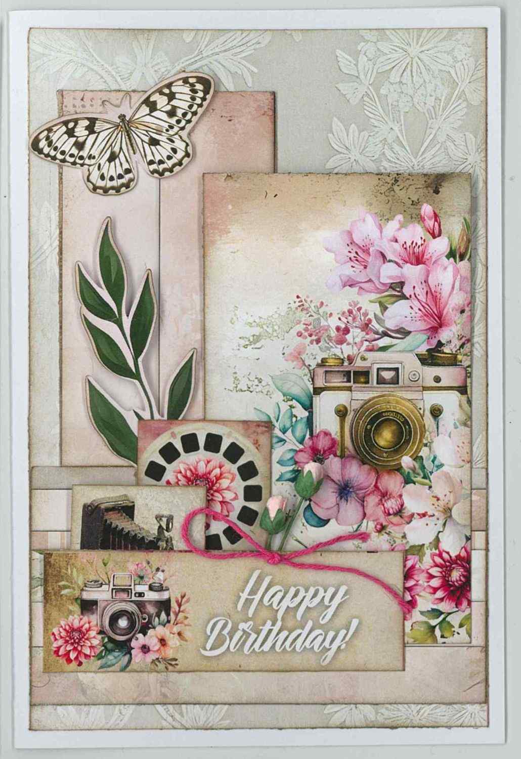 Shutter Glam portrait card with vintage camera, view-finder reel, butterfly, pink florals and Happy Birthday sentiment