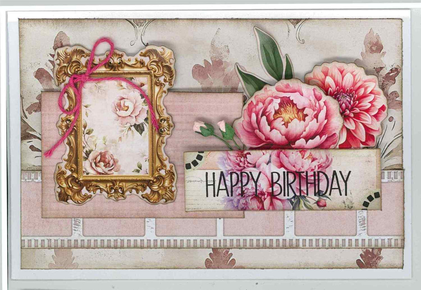  Shutter Glam landscape card with gold ornate frame, pink peonies, dahlia and Happy Birthday sentiment