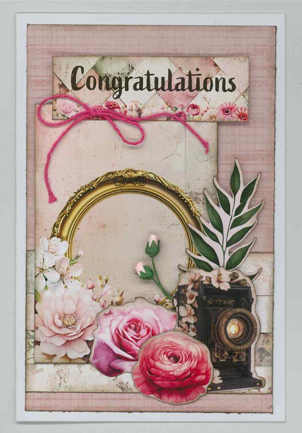 Shutter Glam portrait card with gold oval frame, vintage bellows camera, pink roses, ranunculus and Congratulations sentiment