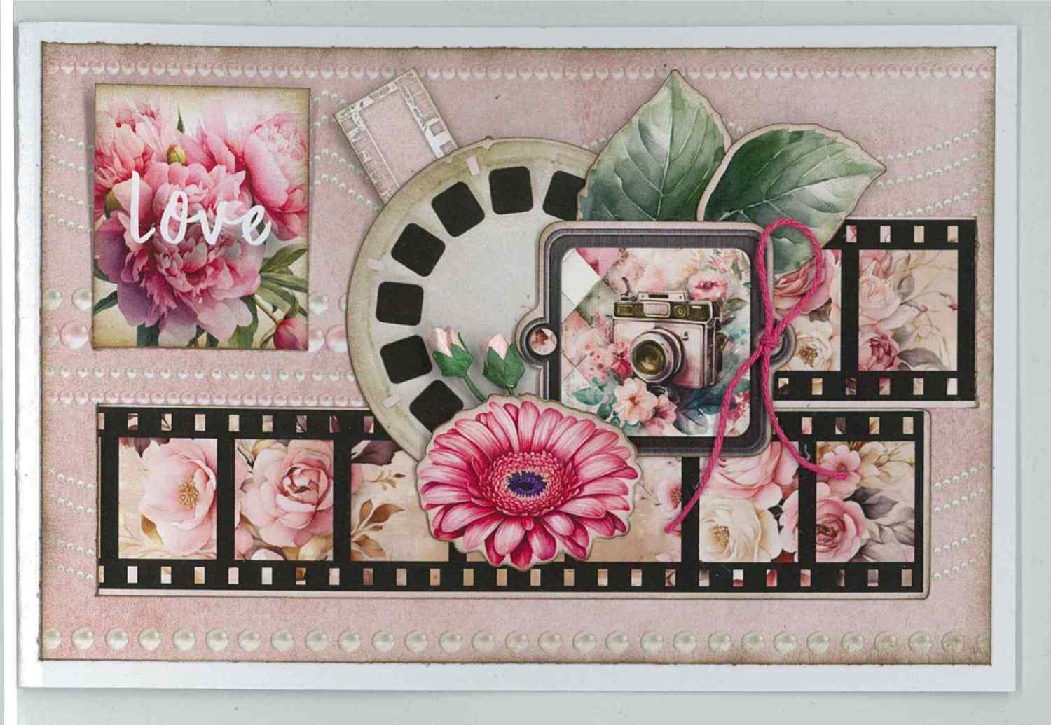 Shutter Glam landscape card with film strips, view-finder reel, vintage camera, pink gerbera, peony and Love sentiment