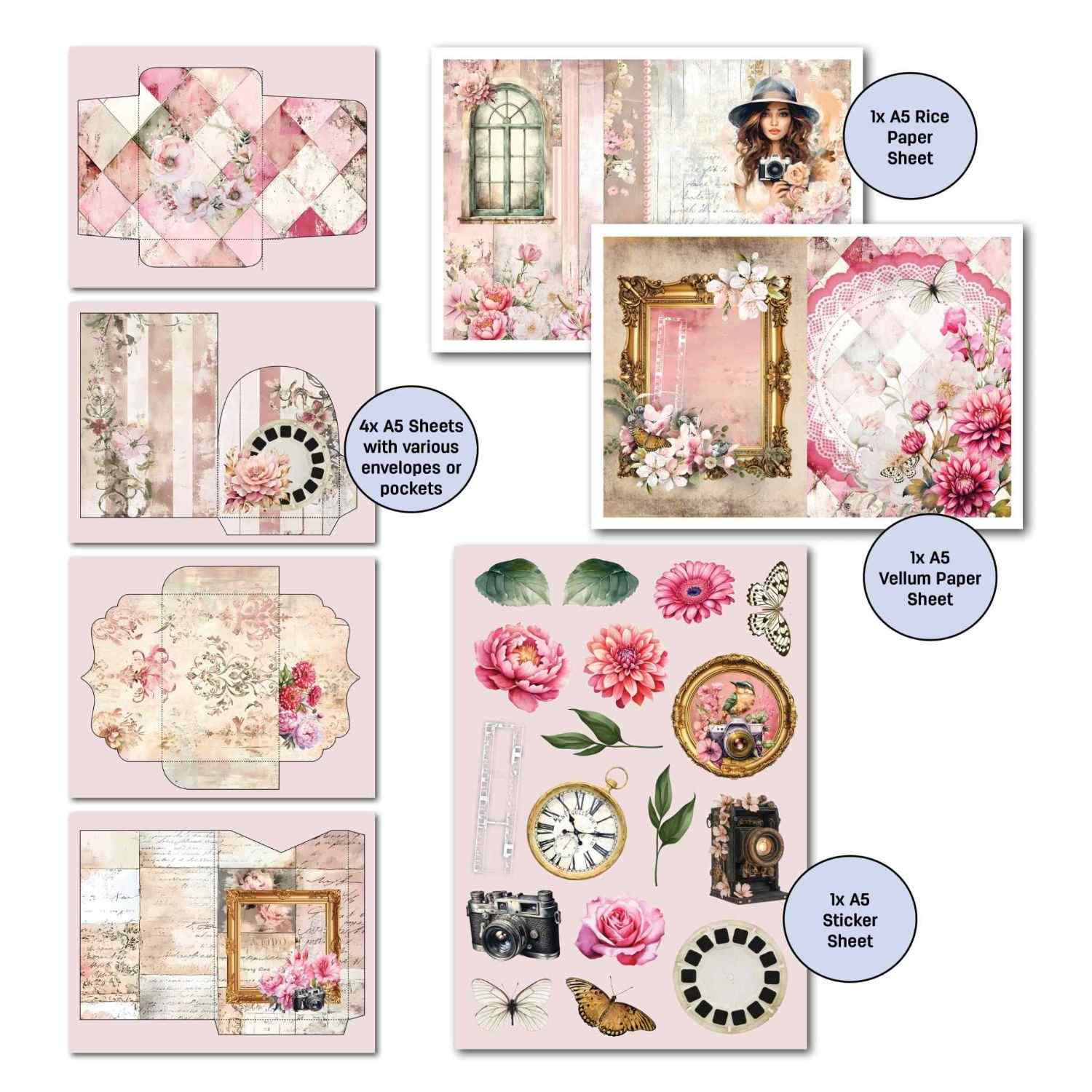 Shutter Glam Gimme More extras showing 4 A5 envelope and pocket pages, A5 sticker sheet, A5 vellum sheet and A5 rice paper sheet